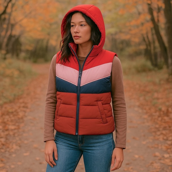 Aeropostale Jackets & Blazers - Aeropostale Colorblock Puffer Vest Hooded Chevron Red Pink Navy Size S